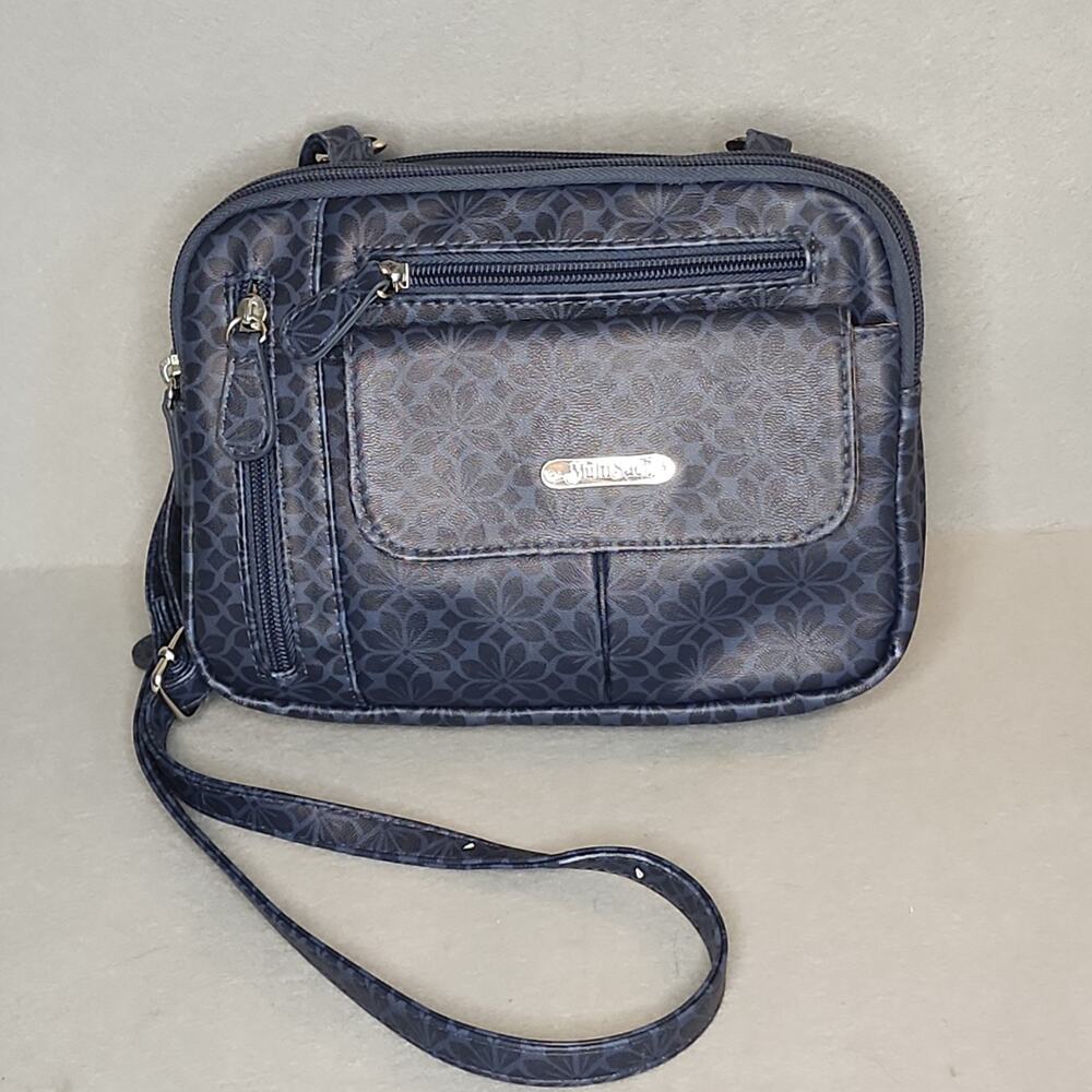 MultiSac Zippy Crossbody Bag Triple Compartment Zippered‎ Navy Blue Floral Purse
